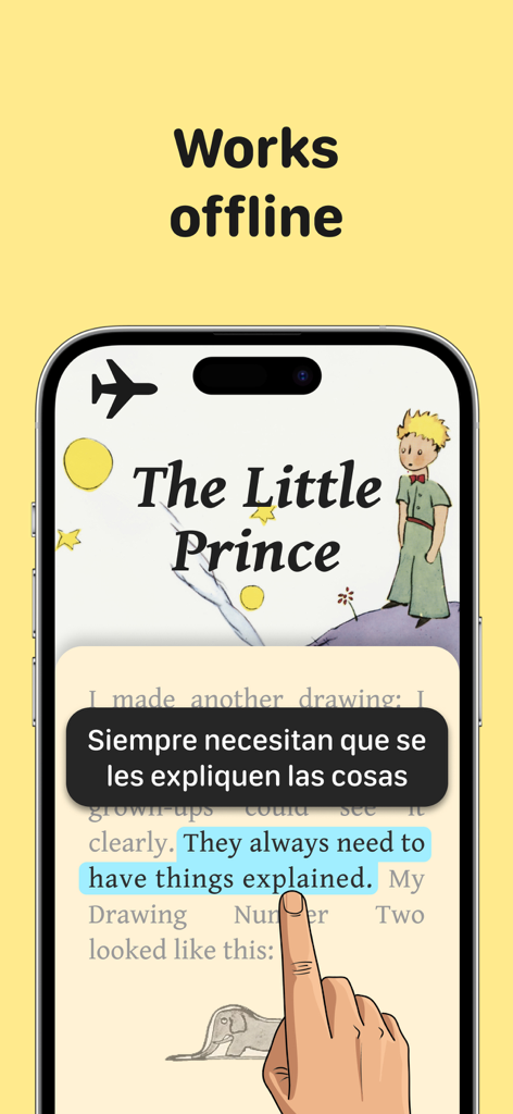 Read English Books & Audio - Smartphone screen showing the dicto app with offline translation of The Little Prince from English to Spanish