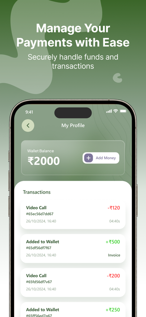 Ein Screenshot der Lenon-App, der den Wallet-Saldo und eine Liste der letzten Transaktionen für Wellness-Beratungen zeigt