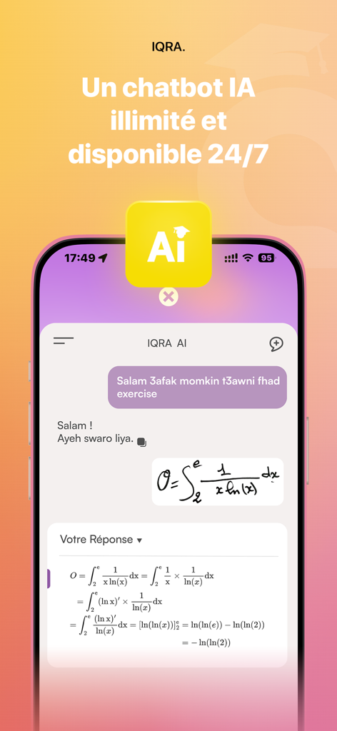 IQRA mobile app interface showing an AI chatbot solving a complex math integral for a student