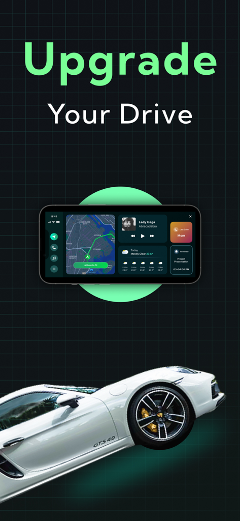 Car Play Connect Sync - Teléfono inteligente mostrando una interfaz de panel de coche digital con controles de navegación y música sobre un coche deportivo de lujo