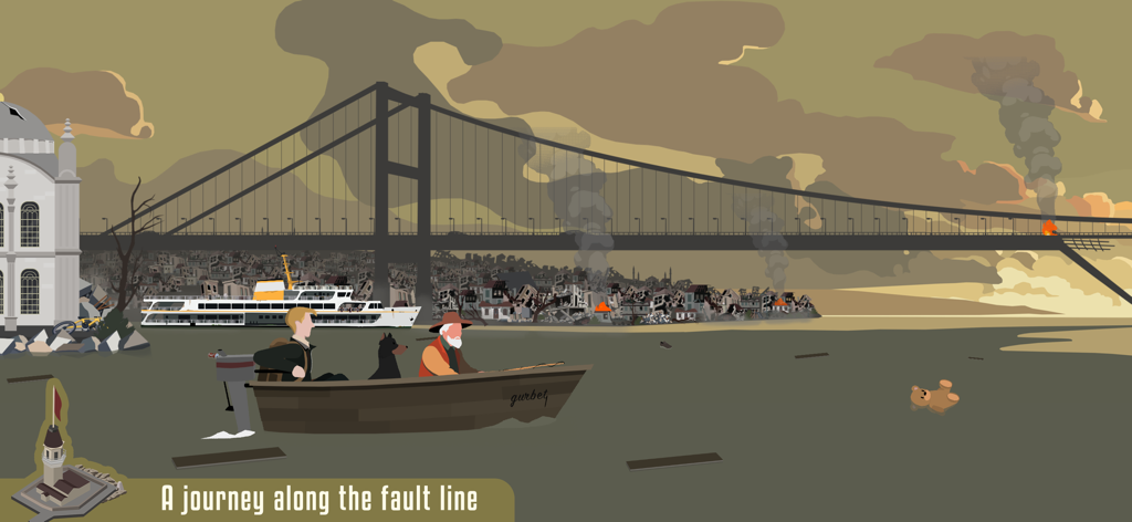 Quakeline - Hand-drawn illustration of characters in a small boat crossing the Bosphorus with a damaged bridge and smoking ruins in post-earthquake Istanbul