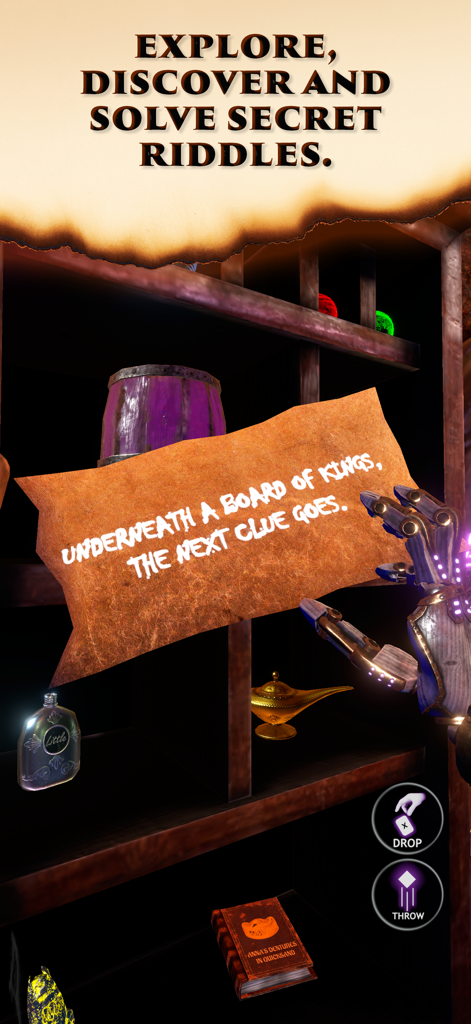 Waltz of the Wizard - 유물과 물약으로 가득한 마법의 방에서 양피지 단서를 들고 있는 로봇 손