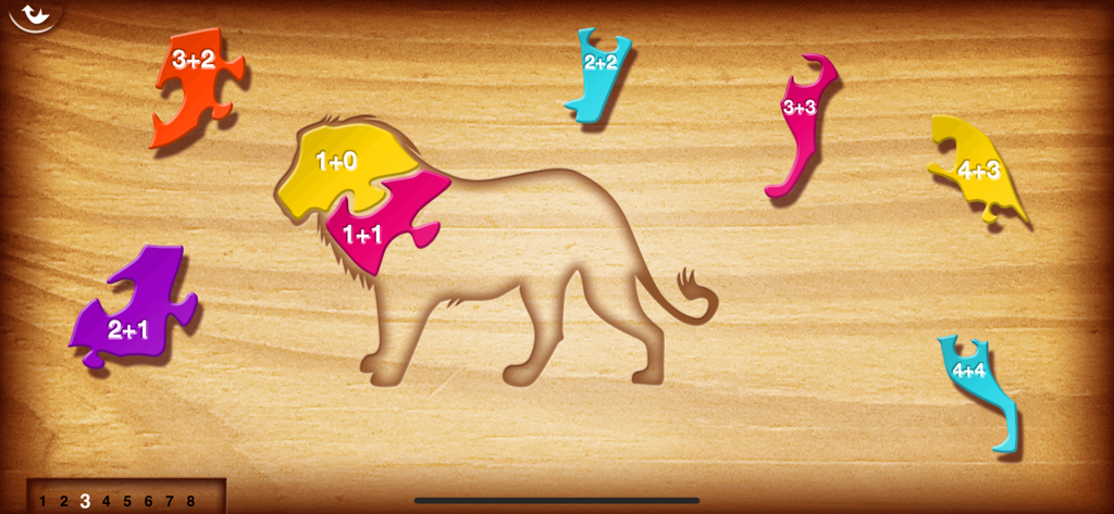 1 + 2 = 3 Jungle Puzzle - Puzzle silhouette de lion avec des pièces colorées présentant des problèmes d'addition simples pour enfants