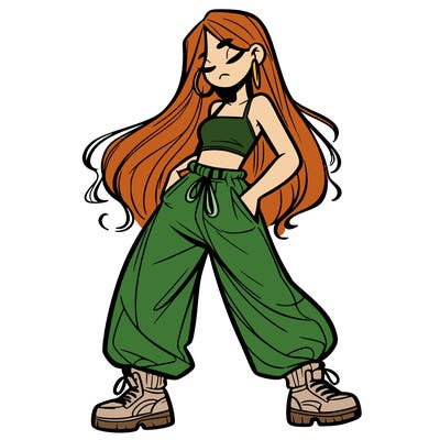 girl in baggy pants crop top and long hair