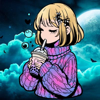 manga girl drinking boba in cozy sweater