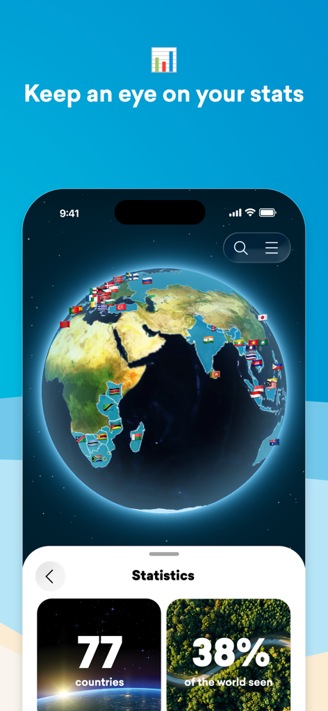 FindPenguins app interface showing a 3D globe with country pins and travel statistics like percentage of the world seen