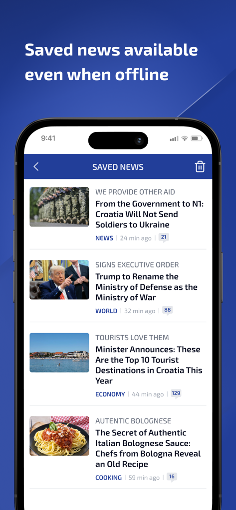N1 info - Ein Smartphone-Bildschirm, der den Abschnitt für gespeicherte Nachrichten der N1 info App zum Offline-Lesen anzeigt.