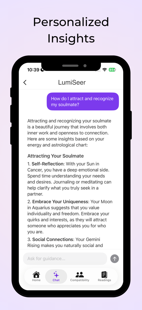 LumiSeer: Tarot & Astrology - LumiSeer app interface showing a personalized AI astrology chat about relationships