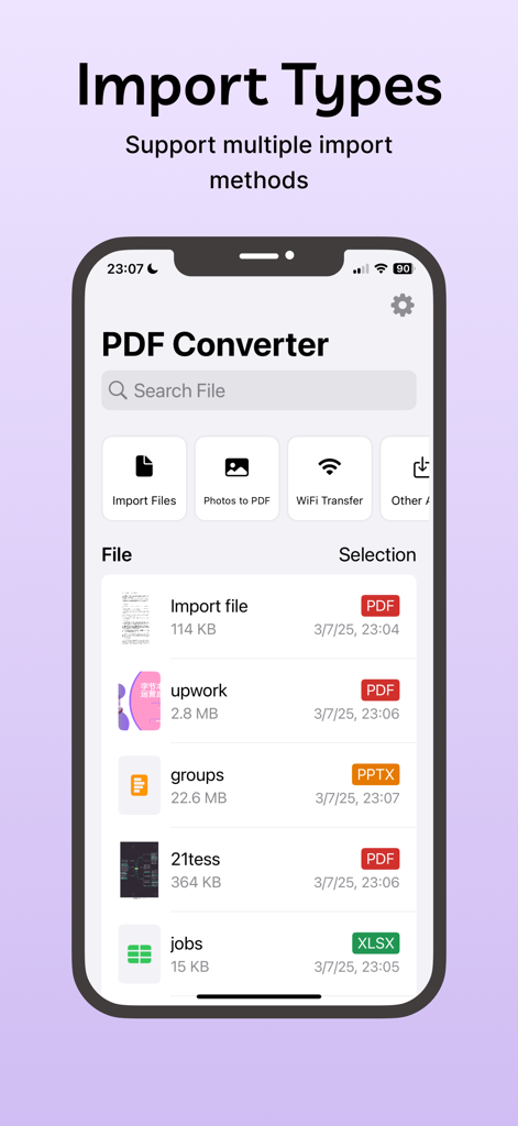 PDF Converter-Local Conversion - Interface showing multiple import methods like file upload and wifi transfer for offline PDF conversion