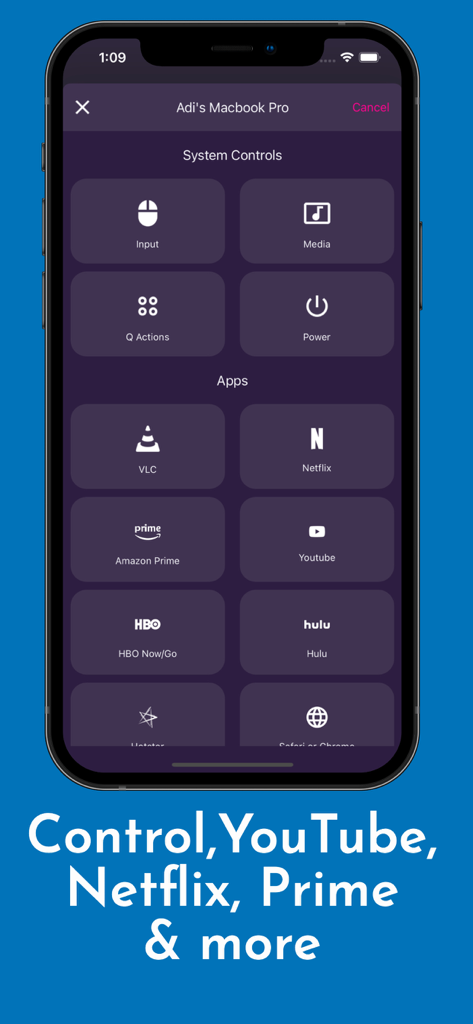 App interface with system controls and streaming shortcuts for VLC, Netflix, and YouTube