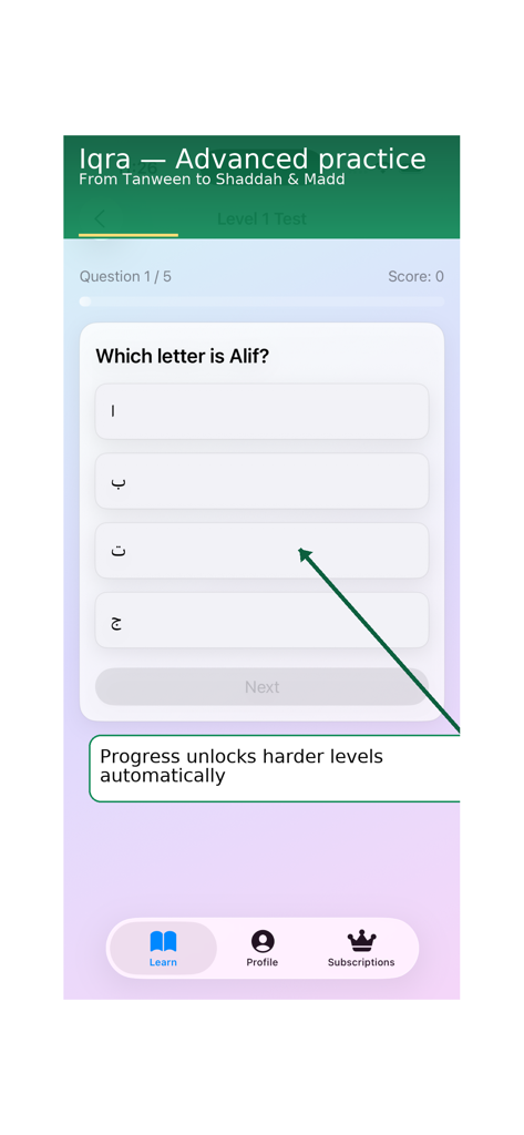 Learn Quran Reading by-Steps - A mobile app quiz screen from Iqra asking Which letter is Alif with multiple choice Arabic letters