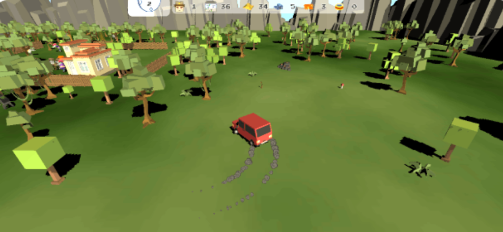 A red van driving through a voxel environment in the Super ZombieBox sandbox game