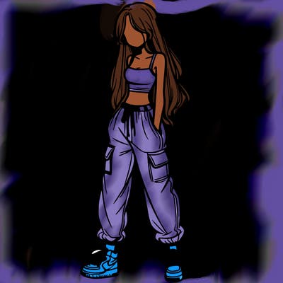 girl in baggy pants crop top and long hair