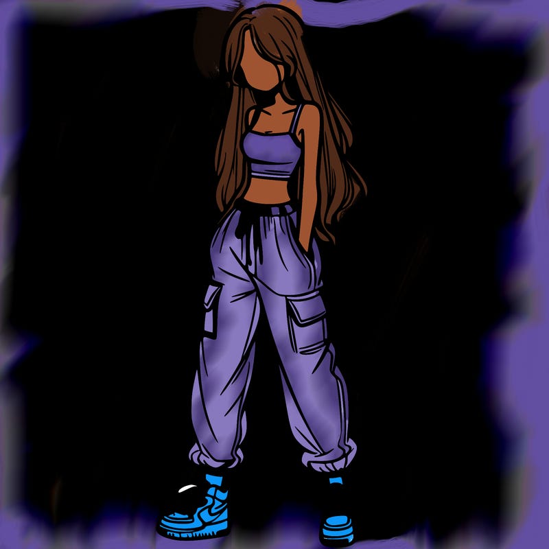 girl in baggy pants crop top and long hair