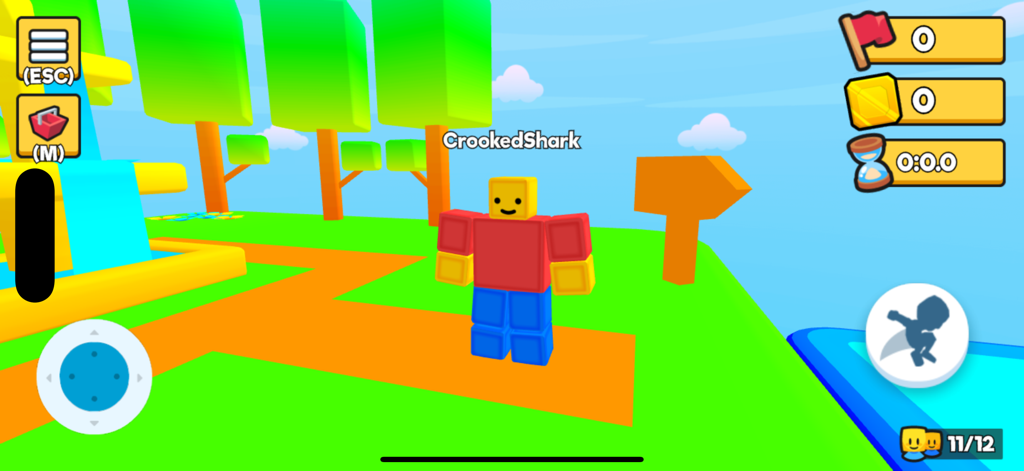 Un personnage en blocs nommé CrookedShark au début d'un parcours d'obstacles 3D coloré dans Rainbow Obby.