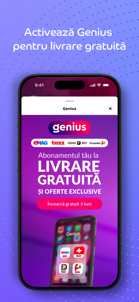 eMAG.ro - eMAG app screenshot showing Genius subscription promotion for free delivery and exclusive deals