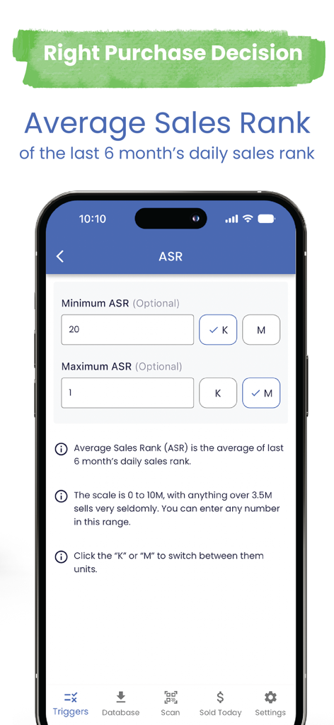 Bookzy App - Bookzy app interface showing average sales rank ASR configuration settings for Amazon book scouting.