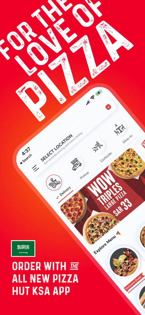 Pizza Hut KSA - Order Food Now - Pizza Hut KSA mobile app interface showing pizza deals and delivery options
