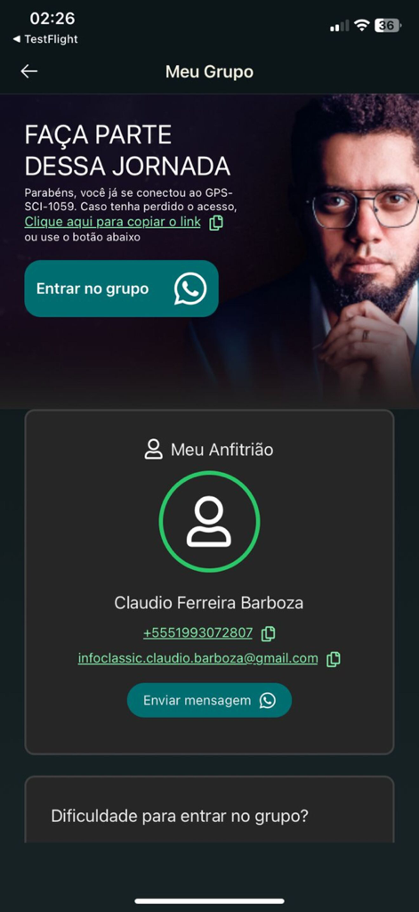 Marca Passosアプリの画面。WhatsAppコミュニティグループに参加し、ホストに連絡するオプションが表示されています。