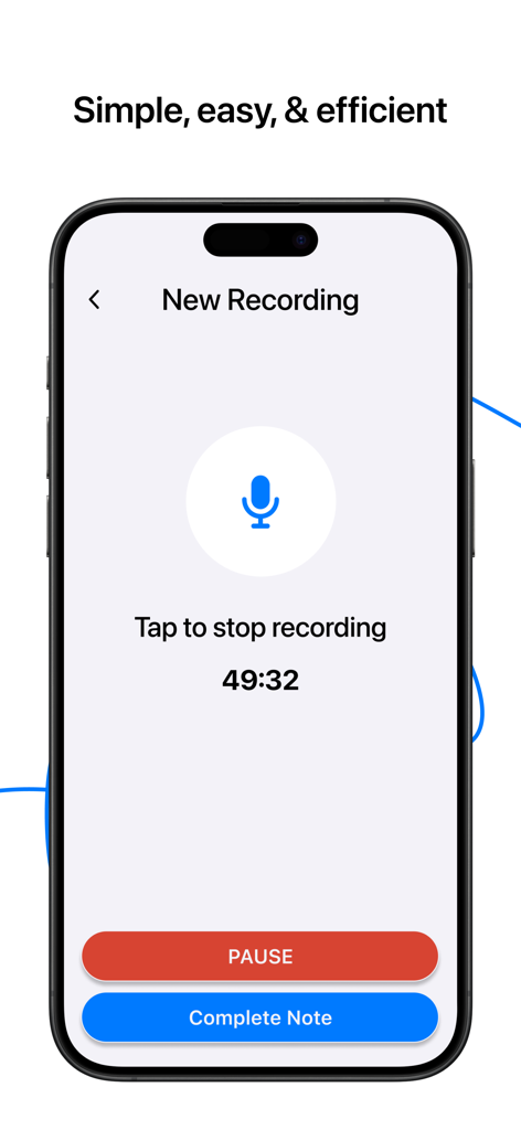 Notely - AI Note Taker - Interface de gravação de áudio do aplicativo Notely mostrando um cronômetro e botão de pausa