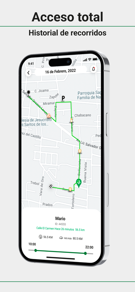 Satélites 24Hrs - Satelites 24Hrs mobile app screen showing a vehicle route history on a map with speed and distance data