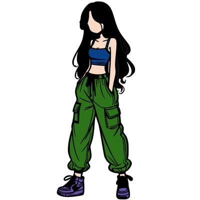 girl in baggy pants crop top and long hair