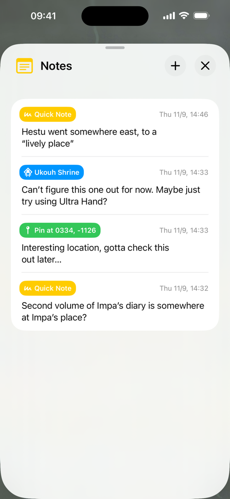 TotK Travel Guide - A screenshot showing the Notes interface of the TotK Travel Guide app with several entries for game progress and locations