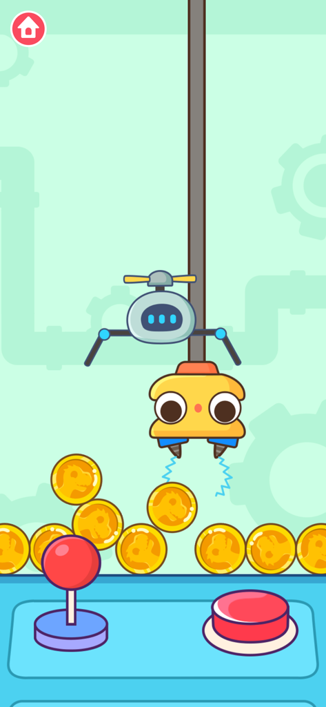 Claw Machine Games for kids - An electromagnetic claw machine picking up golden dinosaur coins in a colorful kids game interface