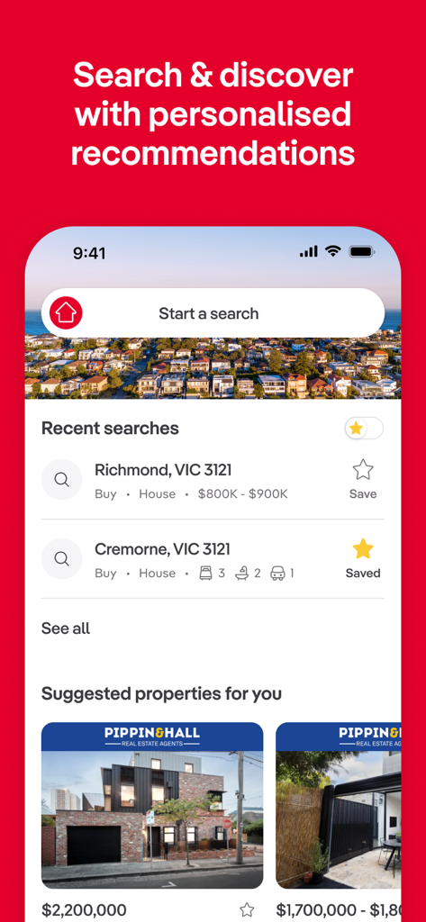 Real estate app interface showing personalized property recommendations and recent search history