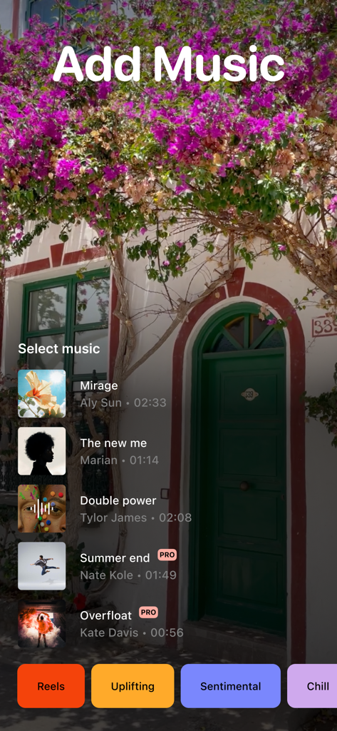 A mobile interface for the Vixer app showing a curated library of royalty-free music categorized by moods like Reels, Uplifting, and Sentimental.
