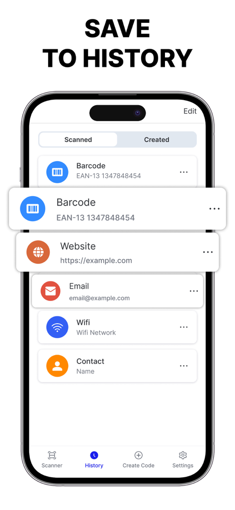 QR Code Scanner - Generate QR - Scanverlauf-Bildschirm, der gespeicherte Barcodes, Websites und Kontaktinformationen in der QR Code Scanner App anzeigt