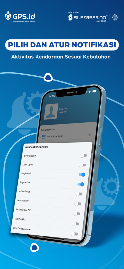 GPS.id by Super Spring - Notification settings screen in the GPS.id app for managing vehicle tracking alerts