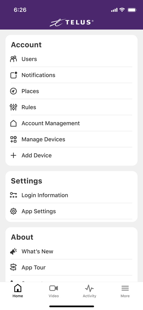 TELUS SmartHome app account and settings menu showing user management and device configuration options