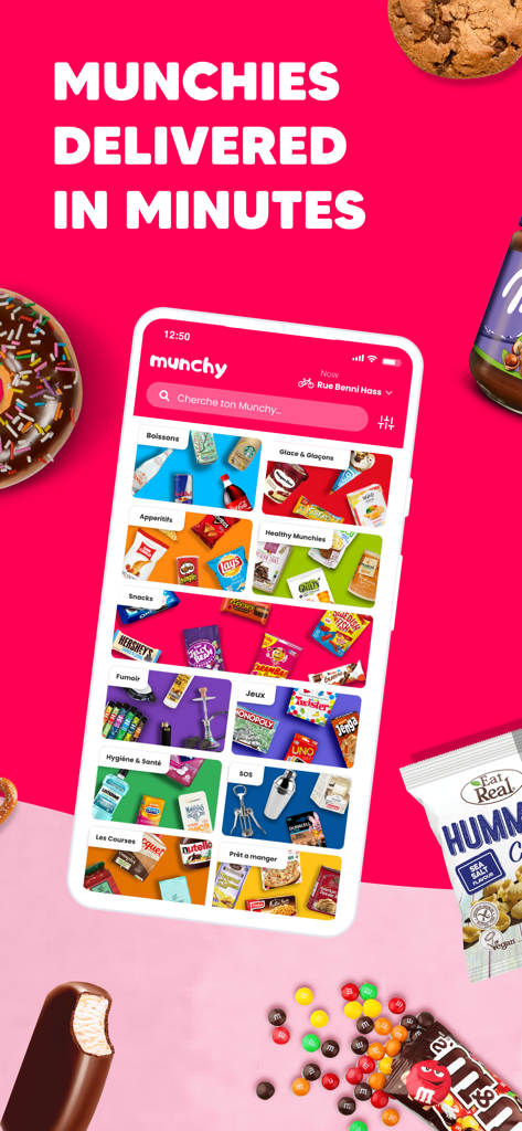 Munchy - The Munchy app interface displaying various snack and drink categories for fast late-night delivery.