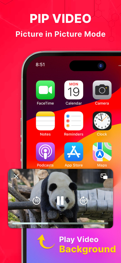 Una pantalla de inicio de smartphone que demuestra el modo Picture in Picture con un video flotante de un panda.