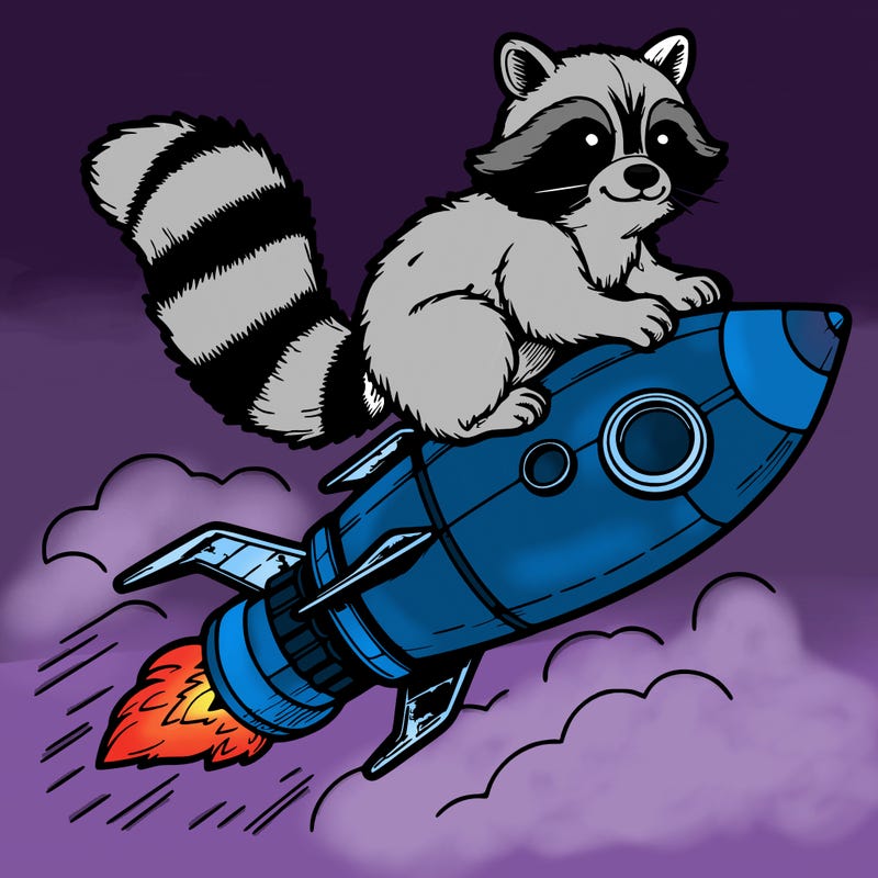 realistic raccoon flying on top rocket ship