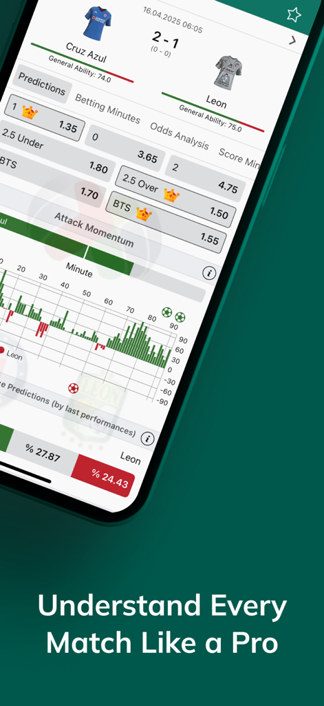 BetAnalysis & Prediction - サッカーの試合統計とベッティング予測を示すモバイルアプリのインターフェース。