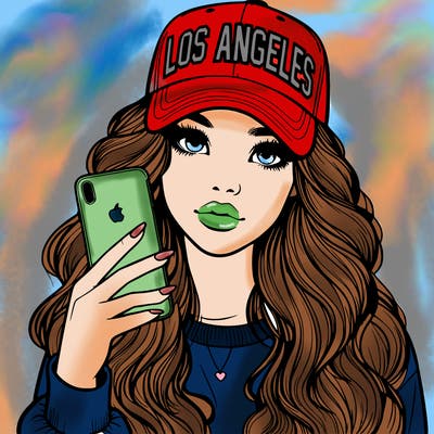 realistic beautiful girl wearing los ángeles cap holding an iphone