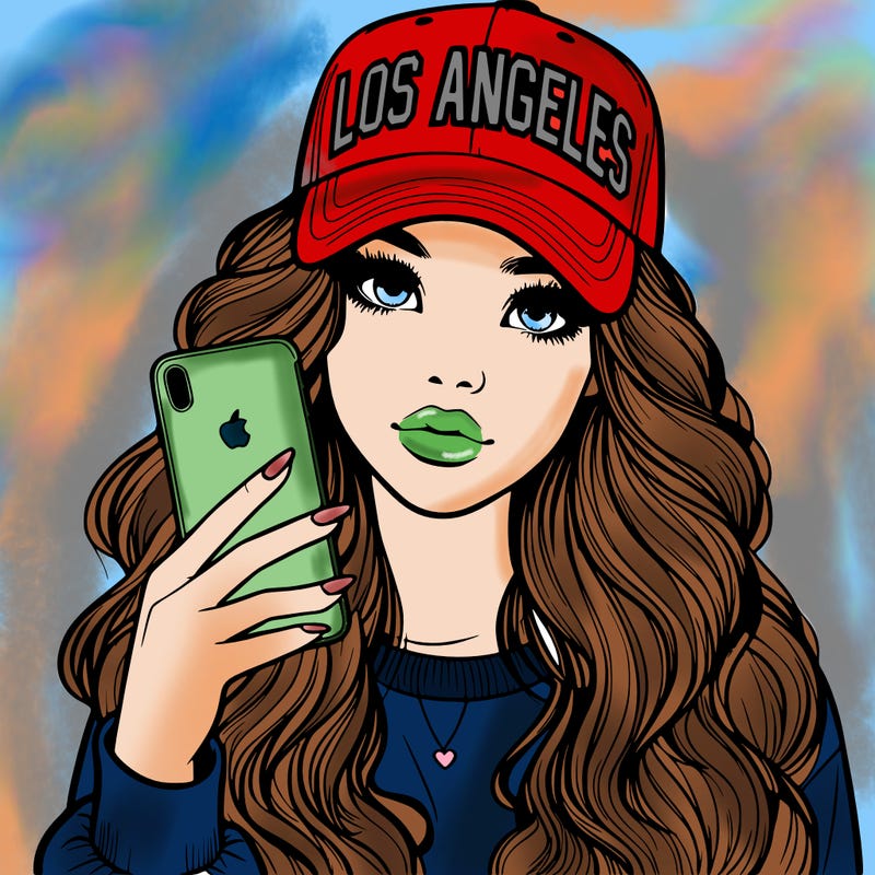 realistic beautiful girl wearing los ángeles cap holding an iphone