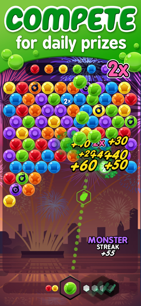 Bubble Cube 2 gameplay showing a bubble shooter board with score multipliers and a monster streak bonus