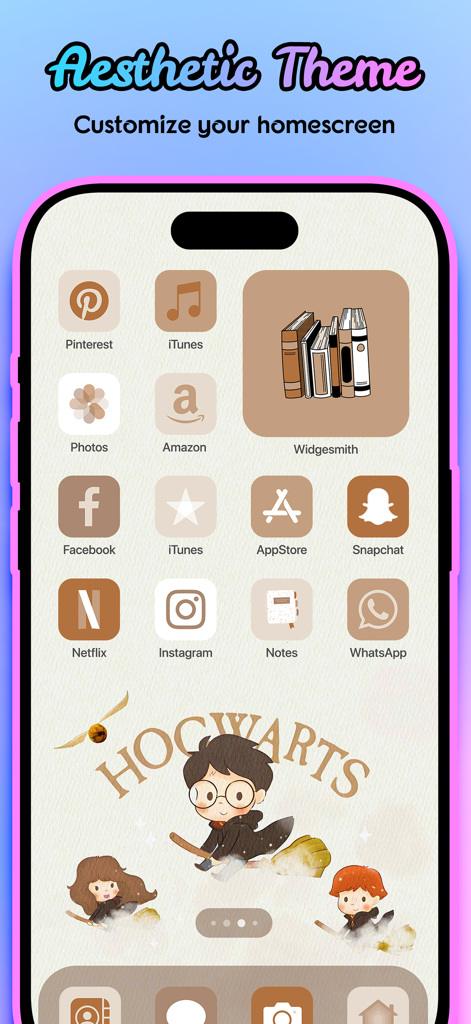 Iconic Themes & Wallpaper - Aesthetic Harry Potter themed iPhone home screen with neutral brown icons