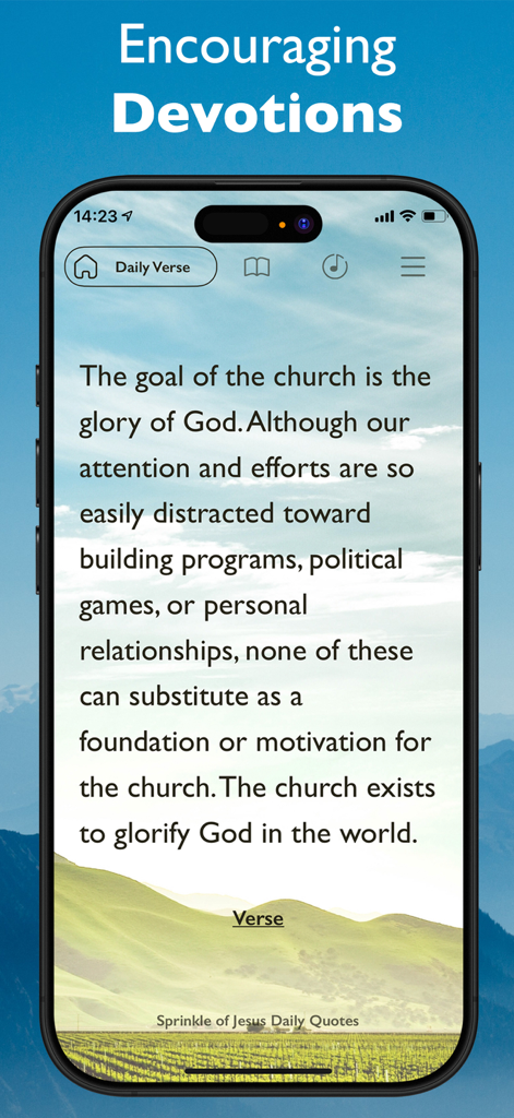 Smartphone displaying an encouraging Christian devotion from the Sprinkle of Jesus app.