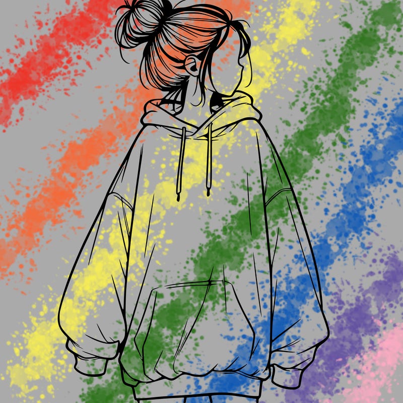 realistic girl with a oversized sweatshirt on and a bun