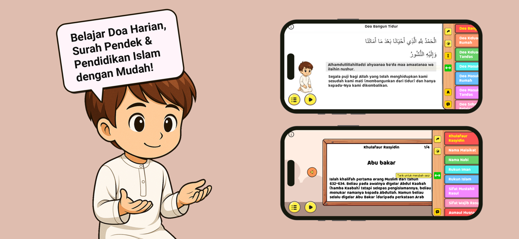 Pintar Yuk! - PAUD, TK & SD - Um menino de desenho animado ao lado de telas de celular mostrando orações islâmicas e lições de história na língua indonésia do aplicativo Pintar Yuk