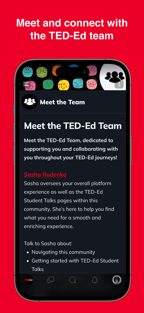 TED-Ed Community - Captura de pantalla de la aplicación Comunidad TED-Ed que muestra la sección Conoce al Equipo donde los educadores pueden conectarse con personal como Sasha Rudenko