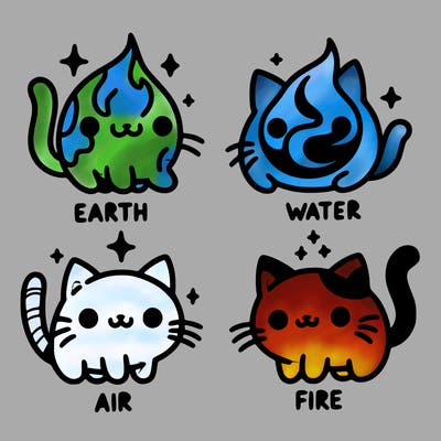 4 cats that represent the different elements, earth, water, air, and fire