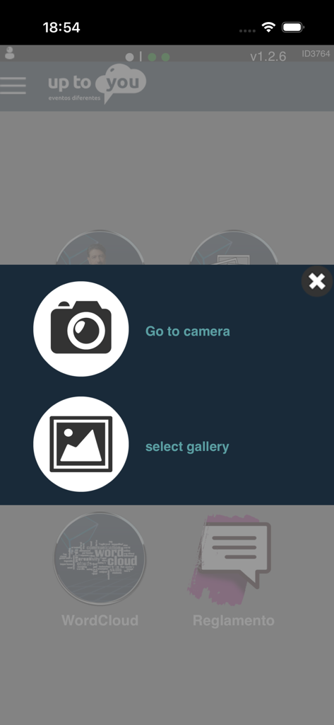 Up2you - Up2You app interface showing a popup with camera and gallery selection options