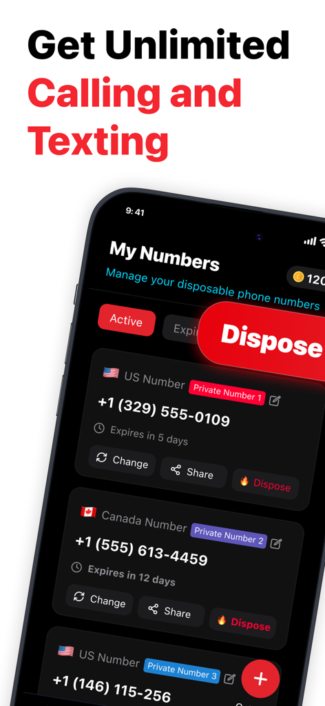 Text Shield: Disposable Number - Mobile app interface of Text Shield showing a list of active private US and Canada phone numbers with a large red Dispose button.