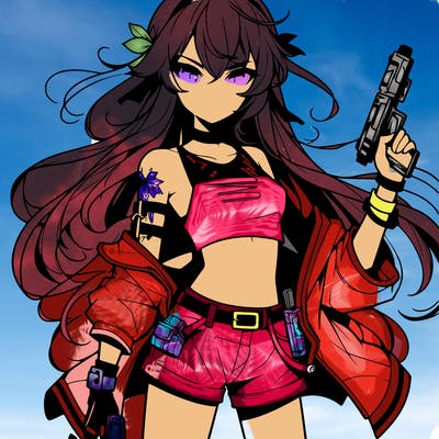 bad girl wearing crop top holding a gun long hair anime