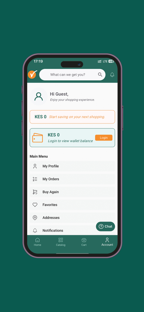 Painel da conta do aplicativo móvel Naivas Online mostrando opções de perfil, saldo da carteira e menu de navegação